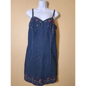 Y2K Vintage Denim Mini Dress Floral Embroidery Womens Size 9 Cabin Retro Cottage